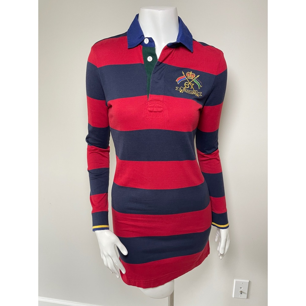 Ralph Lauren Womens Rugby Shirt Dress Red Navy Stripe 67 Crest S Academia Preppy